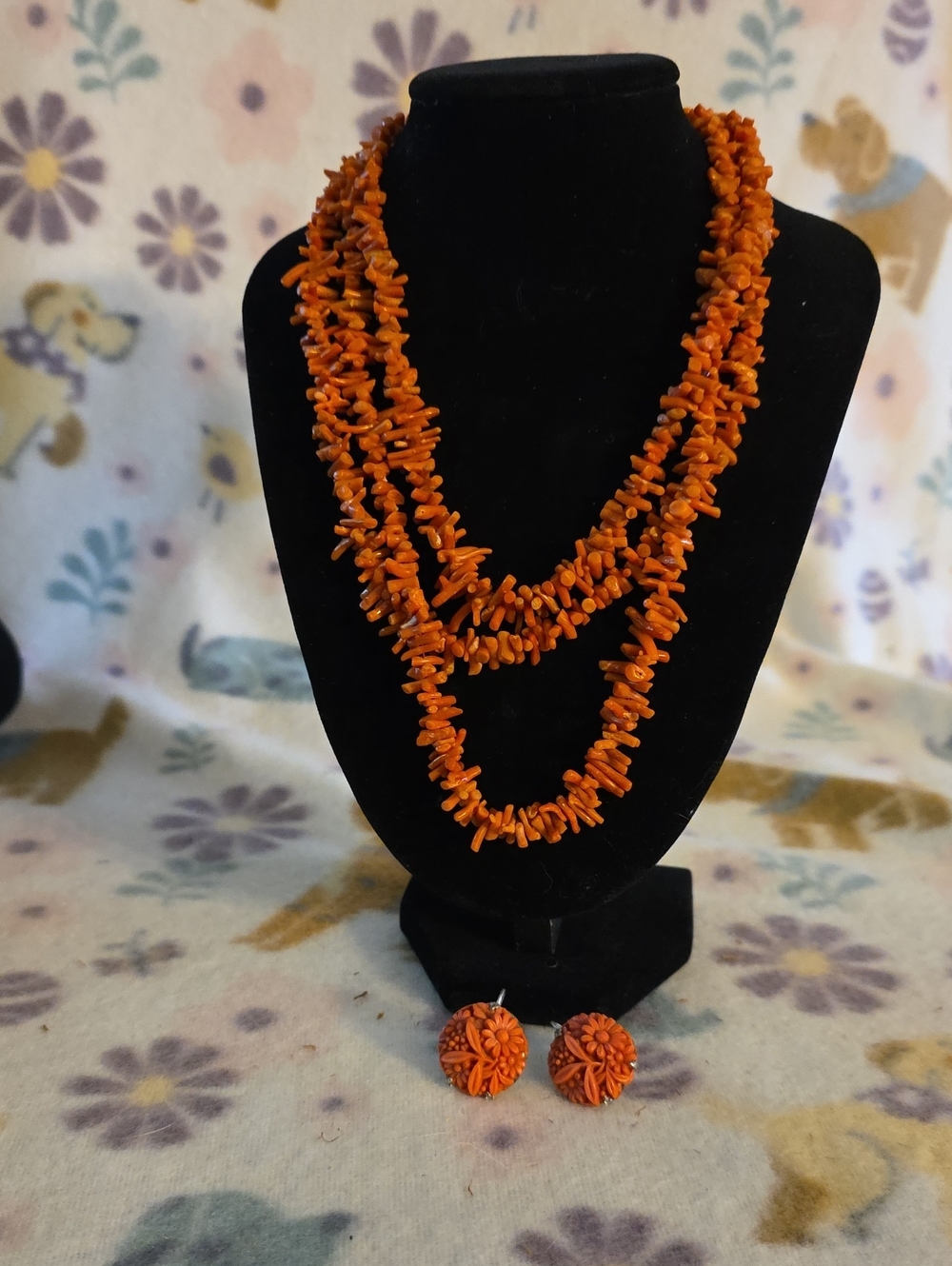 vintage multi-strand branch coral necklace and matching earring Set